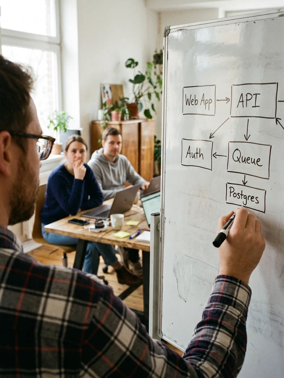 Entwickler skizziert bei einer Teamsitzung eine Systemarchitektur am Whiteboard